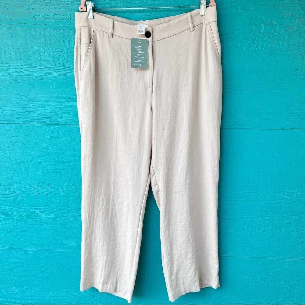 H&M Chino Pants Solid Natural Khaki High Rise Zip Fly Wide Leg NEW SIZE 14